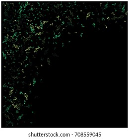Music signs confetti falling down, rich green, grey vector. VIP premium design. Christmas, new year celebration. Music festival background, luxury sparkling glitter, shining sparkles, black background