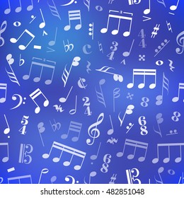 A lot of music signs and note on blue blurred background
