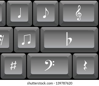 Music signs and notes on a PC keyboard - illustration