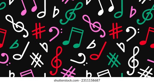 La música firma un patrón impecable, accidental, fondo de símbolos de nota. Gráficos vectoriales con estilo de doodle dibujado a mano