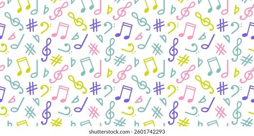 Music signs seamless pattern, accidental, note symbols background. Hand drawn doodle style vector graphics