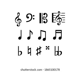 Music signs set. Note, key sharp and bimole isolated icons. Vector art