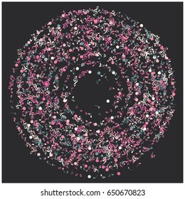Music signs and symbols arranged in a spiral form or a circle. Black, pink, grey, and white music notes turning in a swirl. Abstract dynamic music sheet pattern. Mandala, made of music symbols.