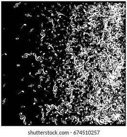 Music signs and symbols arranged in stripes. White notes falling down or flying. Abstract grey scale dynamic music sheet pattern. Chaos, made of music symbols. Music festival poster background.