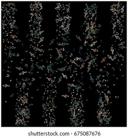 Music signs and symbols arranged in stripes. Green, brown notes falling down or flying. Abstract grey scale dynamic music sheet pattern. Chaos, made of music symbols. Music festival poster background.