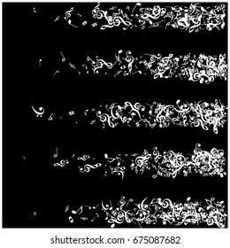 Music signs and symbols arranged in stripes. White notes falling down or flying. Abstract grey scale dynamic music sheet pattern. Chaos, made of music symbols. Music festival poster background.