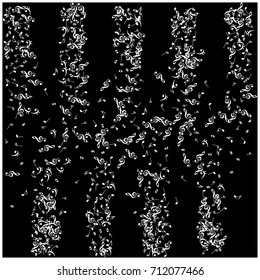 Music signs and symbols arranged in stripes. White notes falling down or flying. Abstract grey scale dynamic music sheet pattern. Chaos, made of music symbols. Music festival poster background.