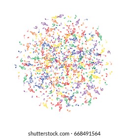 Music signs and symbols confetti circular or spiral pattern. Rainbow colored notes round frame. Abstract red, orange, yellow, green, blue, purple dynamic music sheet mandala. Music festival background