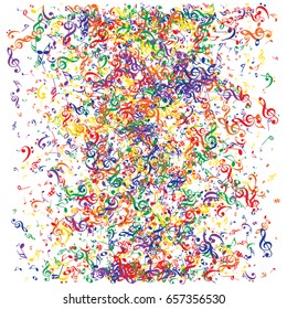 Music signs and symbols confetti flying. Rainbow colored notes falling down or flying. Abstract red, orange, yellow, green, blue, purple dynamic music sheet pattern. Colorful music festival background