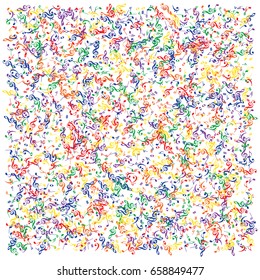 Music signs and symbols confetti flying. Rainbow colored notes falling down or flying. Abstract red, orange, yellow, green, blue, purple dynamic music sheet pattern. Colorful music festival background