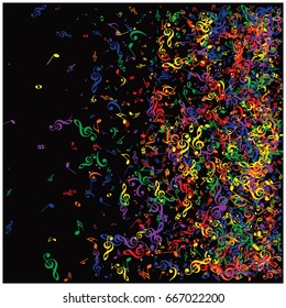 Music signs and symbols confetti flying. Rainbow colored notes falling down or flying. Abstract Red, orange, yellow, green, blue, purple dynamic music sheet pattern. Colorful music festival background