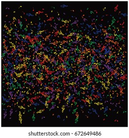 Music signs and symbols confetti flying. Rainbow colored notes falling down or flying. Abstract Red, orange, yellow, green, blue, purple dynamic music sheet pattern. Colorful music festival background