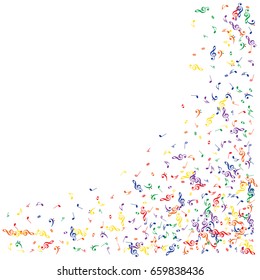 Music signs and symbols confetti frame edge. Rainbow colored notes fall down flying. Abstract red, orange, yellow, green, blue, purple dynamic music sheet pattern. Colorful music festival background.