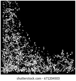 Music signs and symbols confetti frame edge border. White notes falling down or flying. Abstract grey scale dynamic music sheet pattern. Chaos, made of music symbols. Music festival poster background.