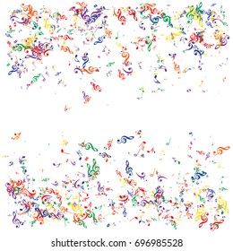 Music signs and symbols confetti frame edge. Rainbow colored notes fall down flying. Abstract red, orange, yellow, green, blue, purple dynamic music sheet pattern. Colorful music festival background.