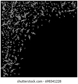 Music signs and symbols confetti frame edge border. White notes falling down or flying. Abstract grey scale dynamic music sheet pattern. Chaos, made of music symbols. Music festival poster background.