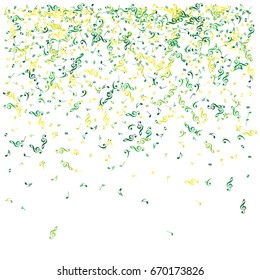 Music signs and symbols confetti illustration. Rainbow colored notes fall down flying. Abstract yellow, green, blue, purple dynamic music sheet pattern. Colorful music festival poster background.