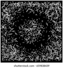 Music signs and symbols confetti round frame background. White notes falling down or flying. Abstract grey scale dynamic music sheet pattern. Chaos, made of music symbols. Music festival poster idea.