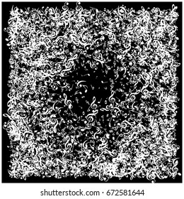 Music signs and symbols confetti round frame background. White notes falling down or flying. Abstract grey scale dynamic music sheet pattern. Chaos, made of music symbols. Music festival poster idea.