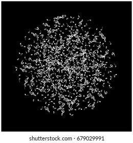 Music signs and symbols confetti round frame background. White notes falling down or flying. Abstract grey scale dynamic music sheet pattern. Chaos, made of music symbols. Music festival poster idea.