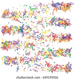 Music signs and symbols confetti stripes. Rainbow colored notes fall down or flying. Red, orange, yellow, green, blue, purple abstract dynamic music sheet pattern. Colorful music festival background.