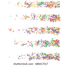 Music signs and symbols confetti stripes. Rainbow colored notes fall down or flying. Red, orange, yellow, green, blue, purple abstract dynamic music sheet pattern. Colorful music festival background.