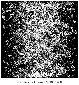 Music signs and symbols falling down or flying. White notes falling down or flying. Abstract grey scale dynamic music sheet pattern. Chaos, made of music symbols. Music festival poster background.