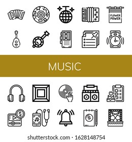 music simple icons set. Contains such icons as Accordion, Guitar, Disc, Banjo, Disco ball, Dictaphone, Notes, Flower power, Alarm, Headphones, can be used for web, mobile and logo