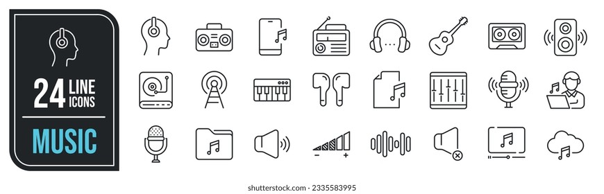 Music simple minimal thin line icons. Related music box, microphone, guitar, music file. Vector illustration.