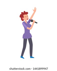 Music singer, woman stretching hand up raising arms vector. Female performer, musician singing songs, stylish personage with fancy hairstyle concert