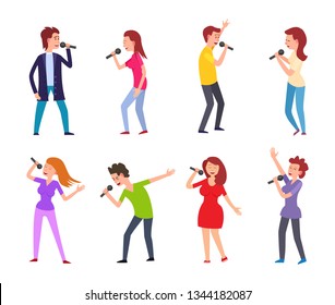 Music singers male and females performers set vector. People singing for leisure and entertainment, man and woman dancing and holding microphones