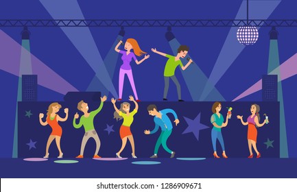 Music singers performing in night club nightlife vector. People with microphones dancing and singing songs, stage with lights and disco ball decor