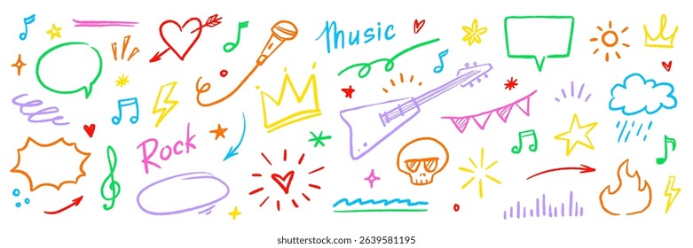 Music sketch heart star vector set. Fun doodle shape with comic crown, skull, fire, heart. Tattoo style graffiti line, chalk crayon marker stroke music sketch color elements. Vector illustration