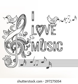 Music sketchy doodle with treble clef decorated by ornament