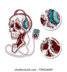 Music skull with earphone, vector illustration isolated on white background, can be used for some stickers
