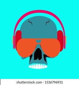 Music skull head icon, with headphones an d sunglasses cartoon vector