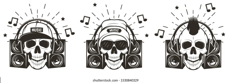 Music skull with headphones set, vector hand drawn illustration isolated on white background. Human skull with iroquois, wearing hat and cap listening to music. T-shirt graphics.