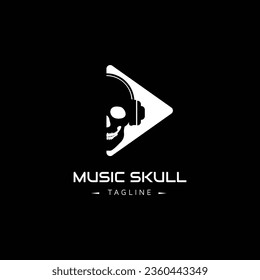 Music Skull logo. play button with skull used earphone isolated on the black background.