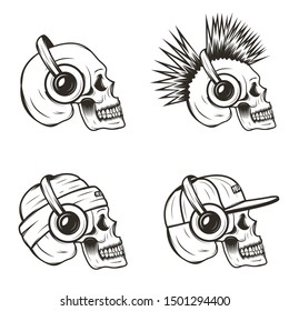 Music skull side view set, vector hand drawn illustration isolated on white background. Human skull with iroquois, wearing hat and cap listening to music using headphones.