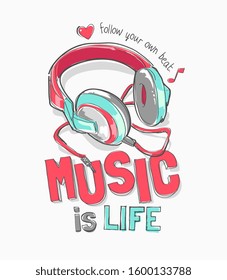 music slogan with colorful cartoon headphone illustartion