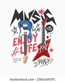 music slogan with colorful guitars vector illustration for fashion print