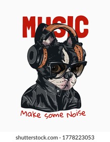 music slogan with dog in sunglasses wearing headphone illustration