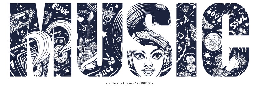 Music slogan. Double exposure lettering. Funk, disco and soul. Typography art. Tattoo style. Vector graphics Happy African American young funky woman. Musical party. Saxophone and retro boom box