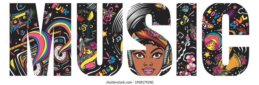 Music slogan. Double exposure lettering. Happy African American young funky woman. Musical party. Saxophone and retro boom box. Funk, disco and soul. Typography art. Tattoo style. Vector graphics 