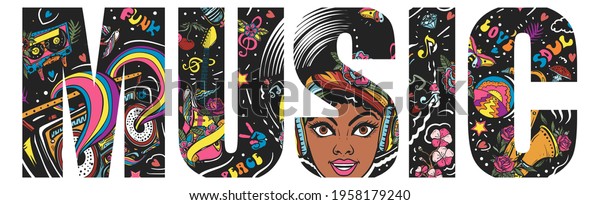 Music slogan. Double exposure lettering. Happy African\
American young funky woman. Musical party. Saxophone and retro boom\
box. Funk, disco and soul. Typography art. Tattoo style. Vector\
graphics 