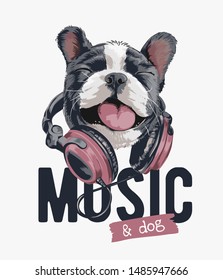 eslogan musical con perro feliz en la ilustración de los auriculares