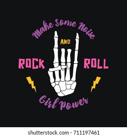 Music slogan and poster illustration.T-shirt apparels print tee graphic design. Rock and roll skeleton finger poster