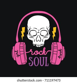 Music slogan and poster illustration.T-shirt apparels print tee graphic design. Skull with headphone