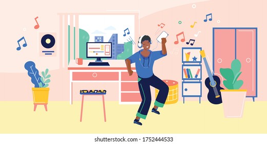 Composición plana de smartphone musical con salón y persona bailarina con auriculares y notas musicales ilustración vectorial