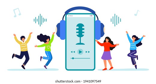 Music in smartphone Mobile technology for dancing party vector illustration Music applications Playlist online songs Smartphone music for happy young dancing people character